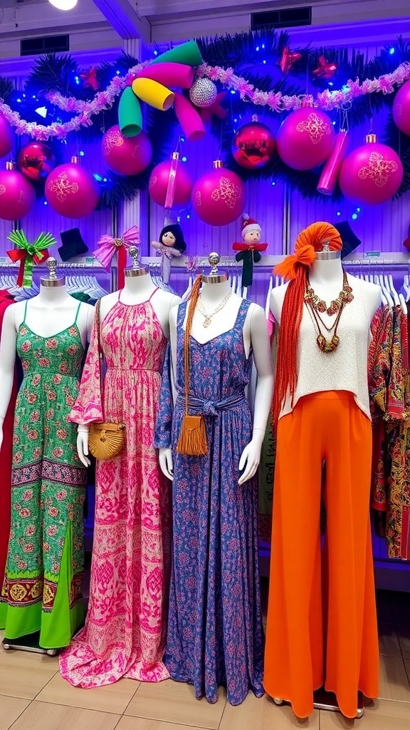 A display of stylish hippie Christmas outfits for women, showcasing bohemian dresses and accessories.